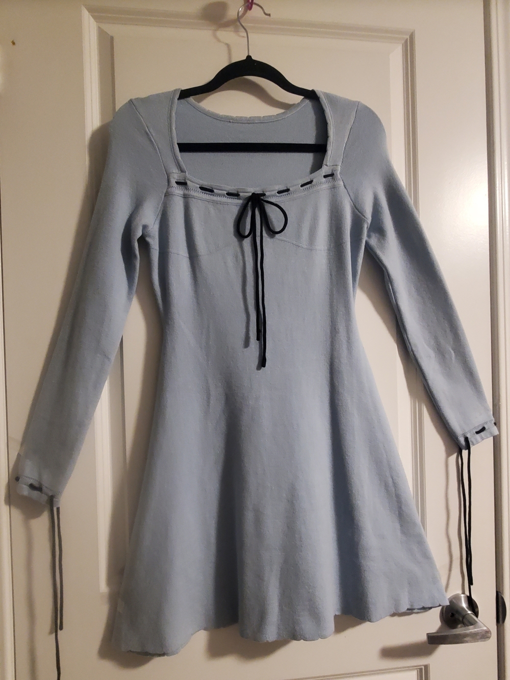 SHEIN Light Blue Long Sleeve Knit A-Line Dress with Black Tie
